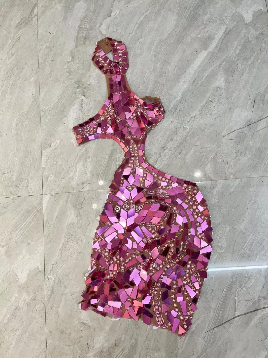 CELESINYI Fenshuang Crystal Mirror Mini Dress