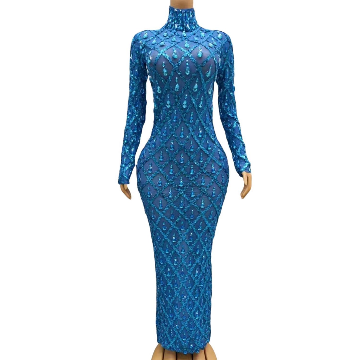 CELESINYI Shaokaojia Crystal Royal Blue Long Sleeve Gown