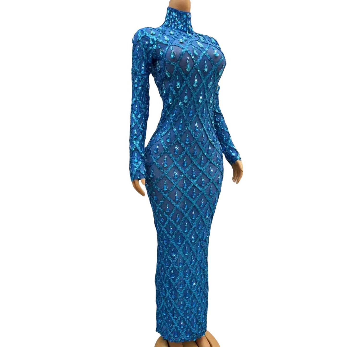 CELESINYI Shaokaojia Crystal Royal Blue Long Sleeve Gown