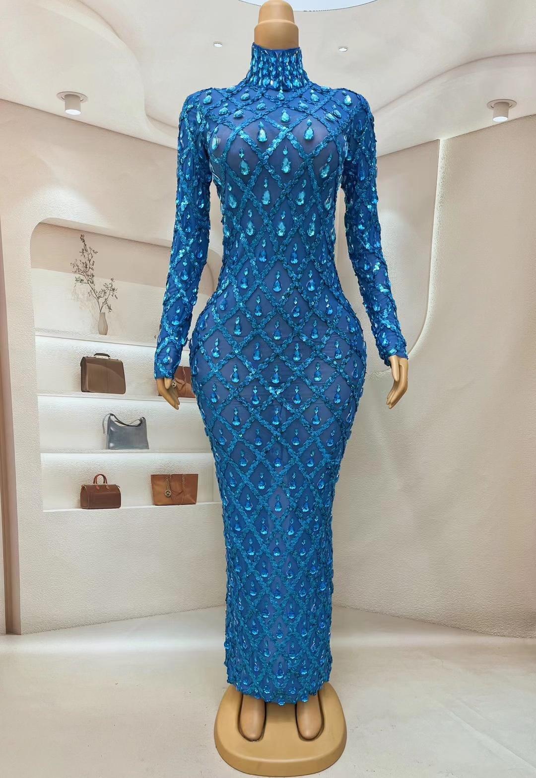 CELESINYI Shaokaojia Crystal Royal Blue Long Sleeve Gown