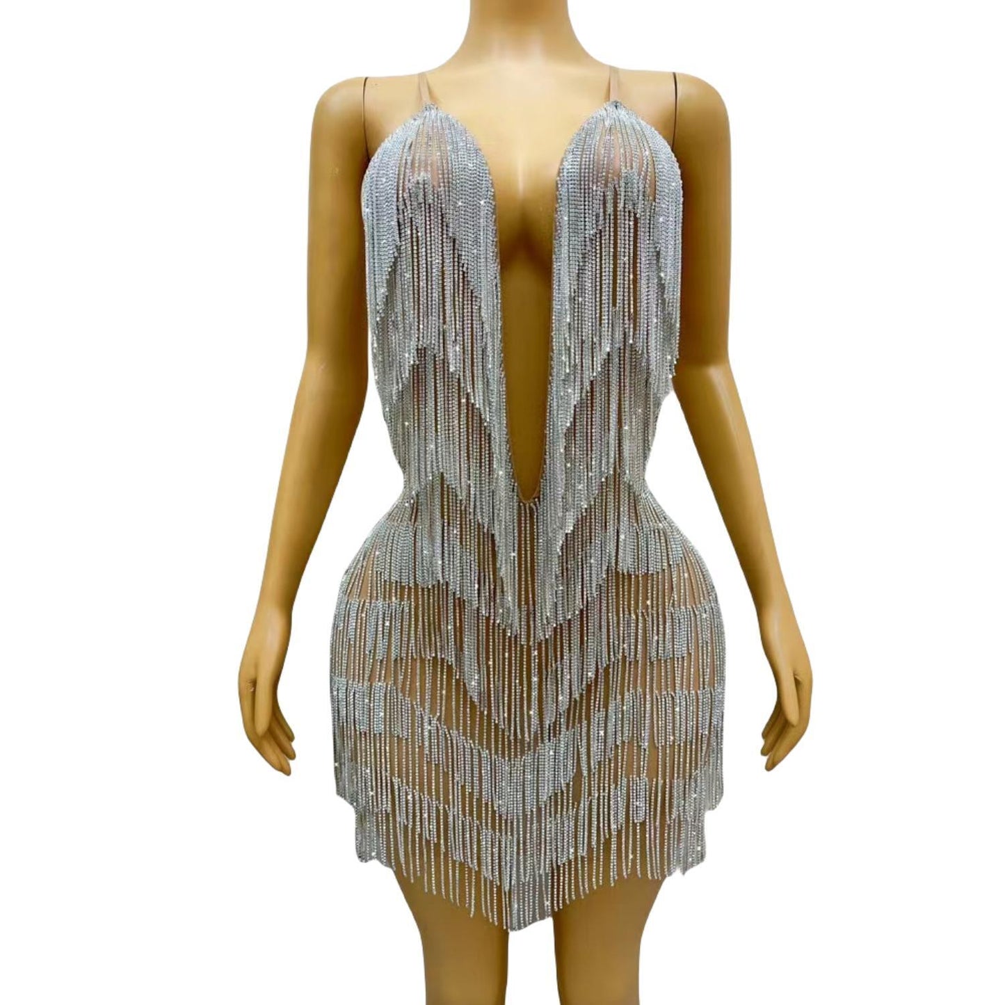 CELESINYI Xiaolianshenv Crystal Deep V Fringe Mini Dress