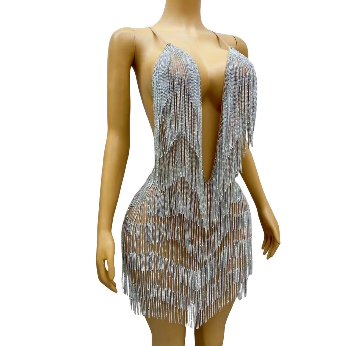 CELESINYI Xiaolianshenv Crystal Deep V Fringe Mini Dress