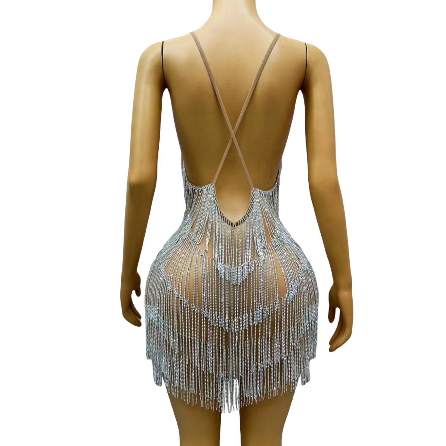 CELESINYI Xiaolianshenv Crystal Deep V Fringe Mini Dress