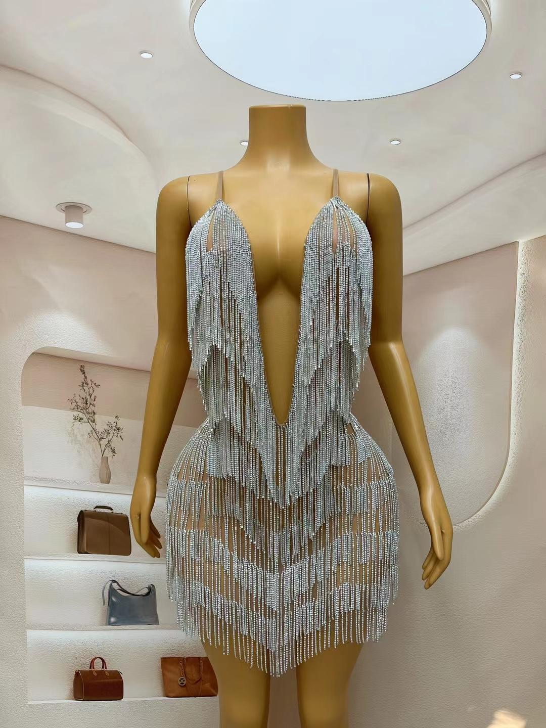 CELESINYI Xiaolianshenv Crystal Deep V Fringe Mini Dress
