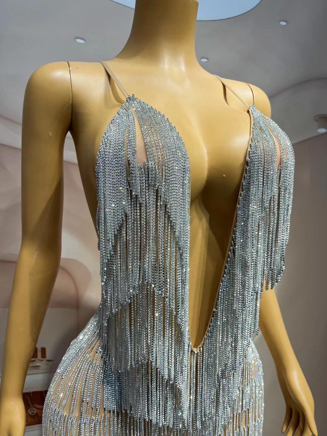 CELESINYI Xiaolianshenv Crystal Deep V Fringe Mini Dress