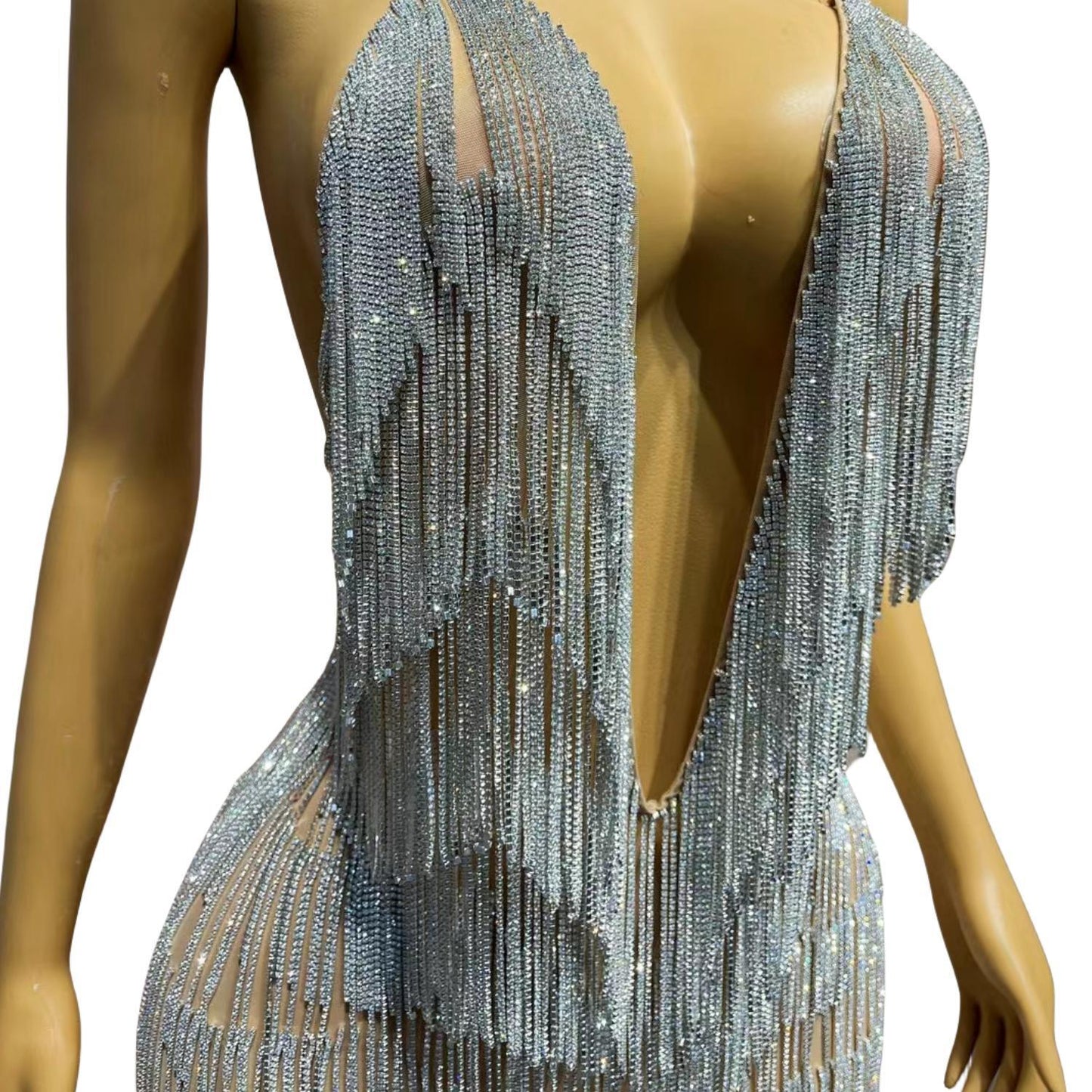 CELESINYI Xiaolianshenv Crystal Deep V Fringe Mini Dress