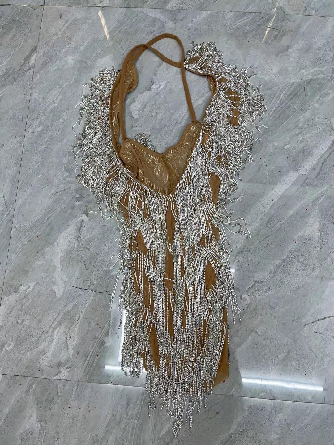 CELESINYI Xiaolianshenv Crystal Deep V Fringe Mini Dress