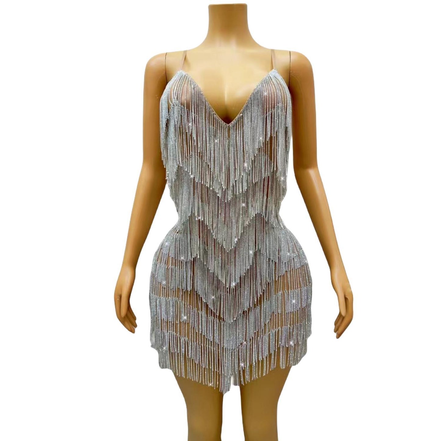CELESINYI Xiaolian Crystal Silver Fringe Mini Dress