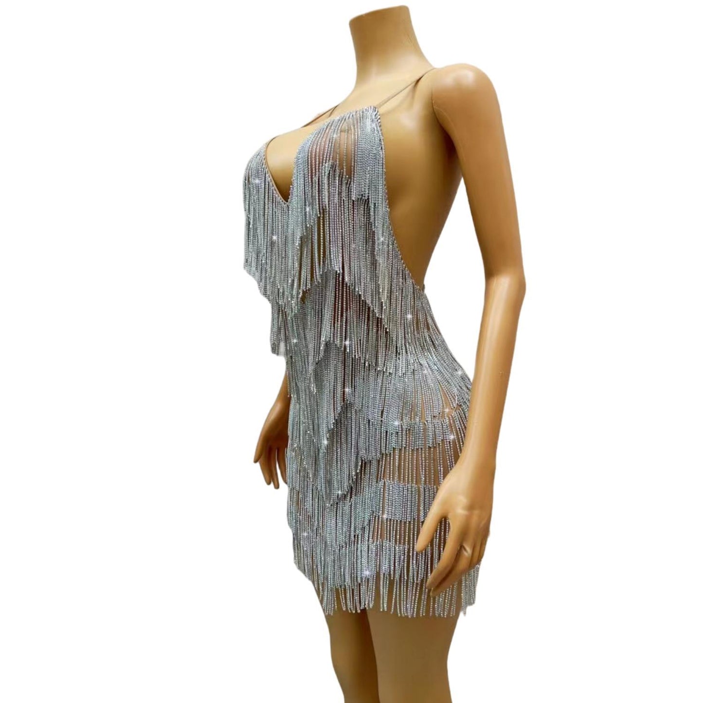 CELESINYI Xiaolian Crystal Silver Fringe Mini Dress