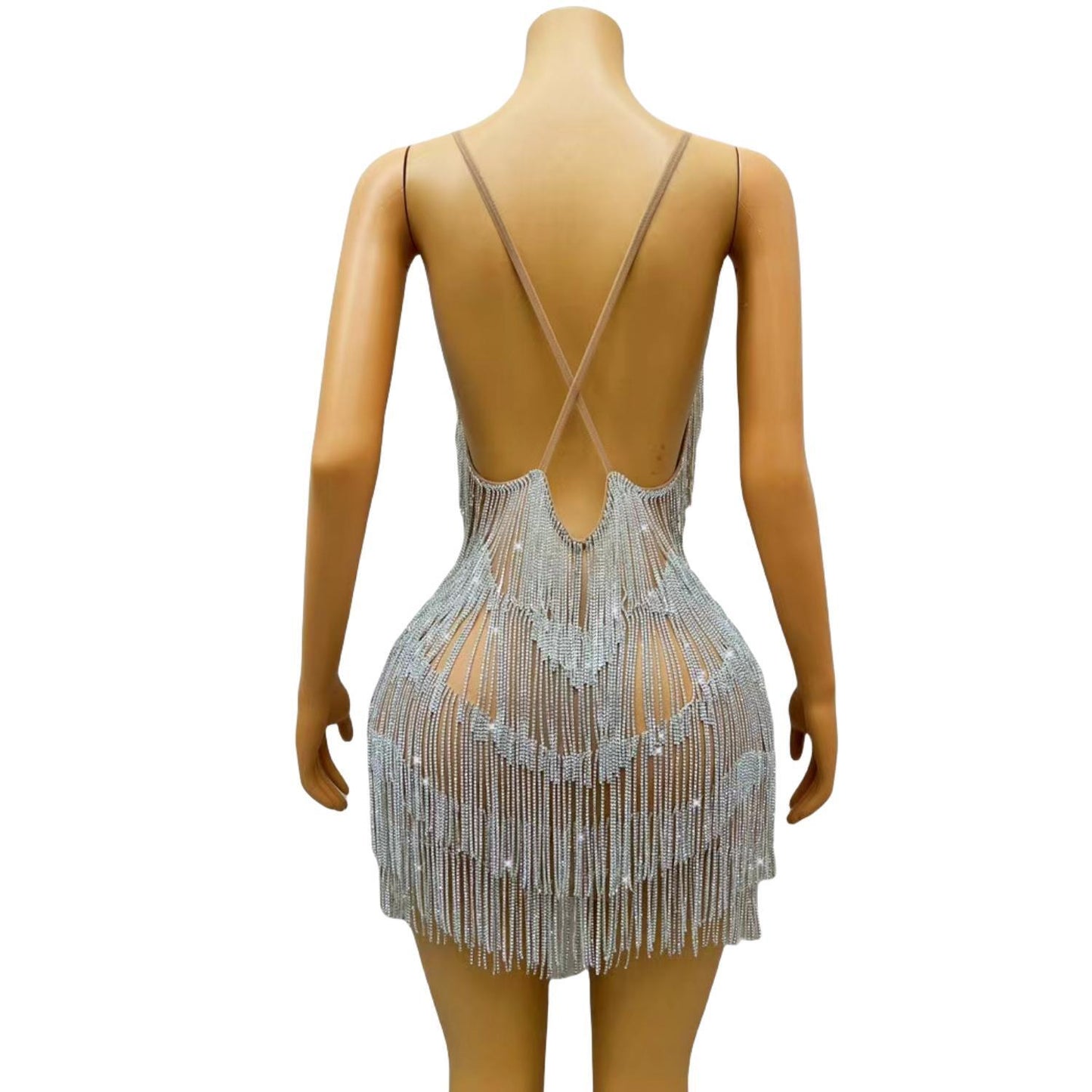 CELESINYI Xiaolian Crystal Silver Fringe Mini Dress