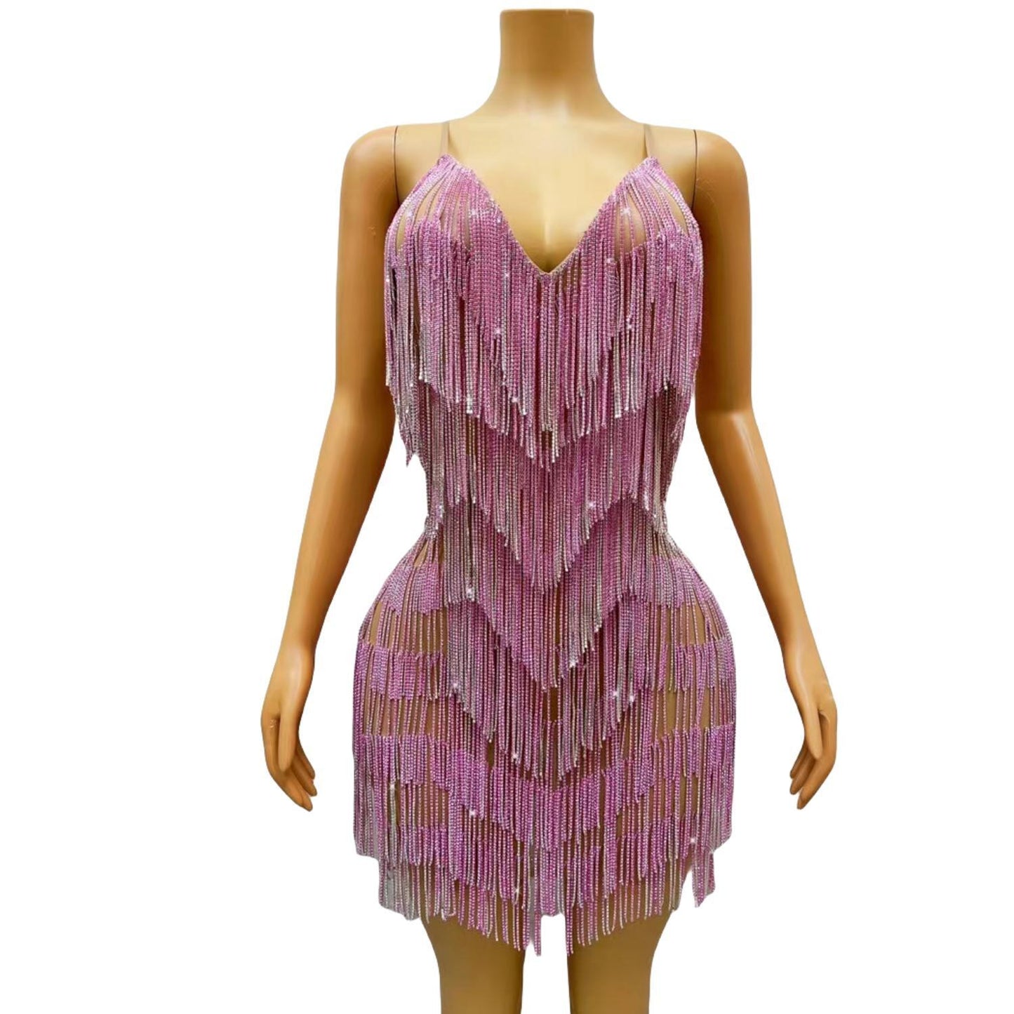 CELESINYI Xiaolian Crystal Pink Fringe Mini Dress