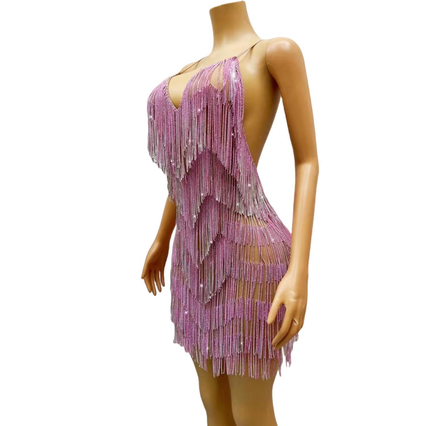 CELESINYI Xiaolian Crystal Pink Fringe Mini Dress