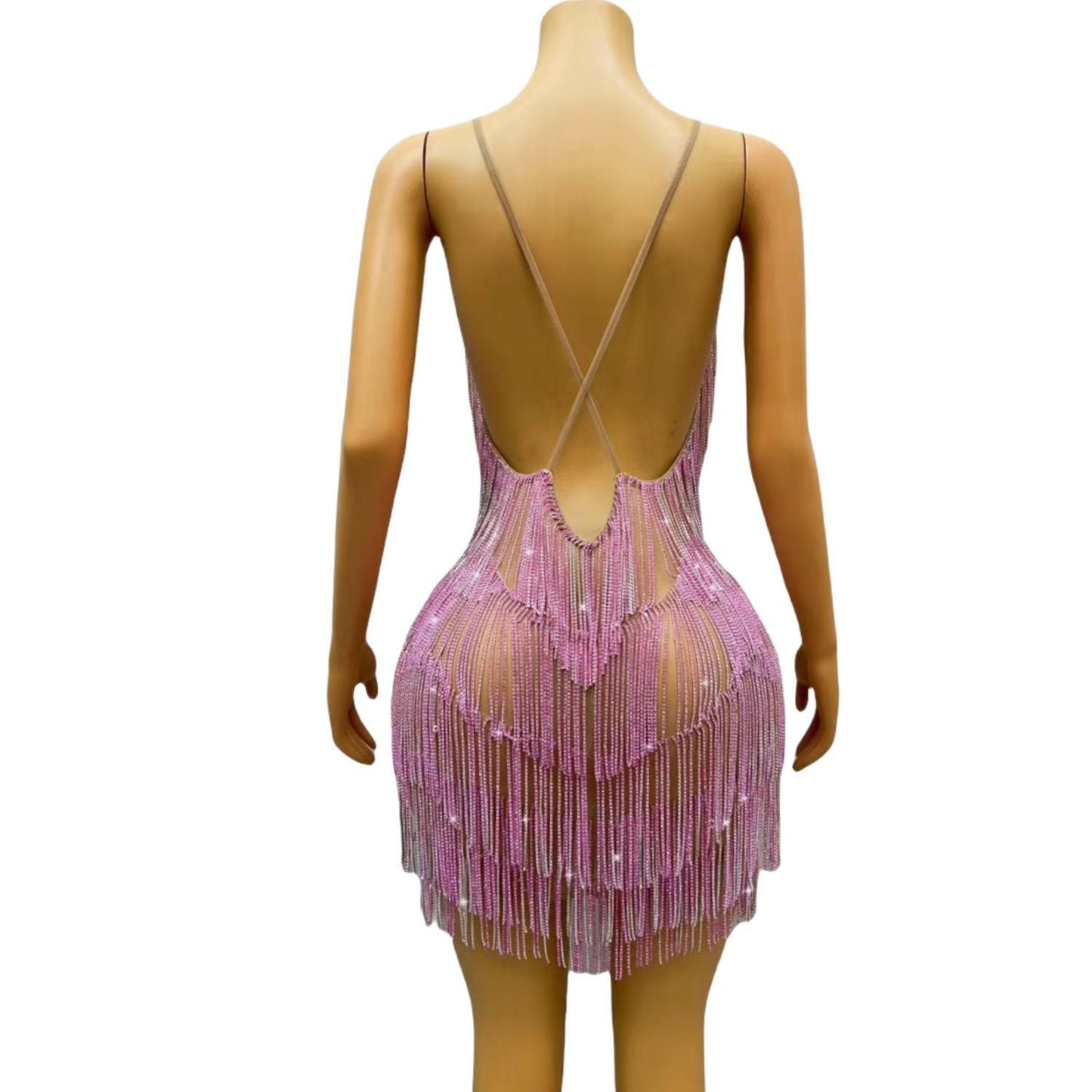 CELESINYI Xiaolian Crystal Pink Fringe Mini Dress