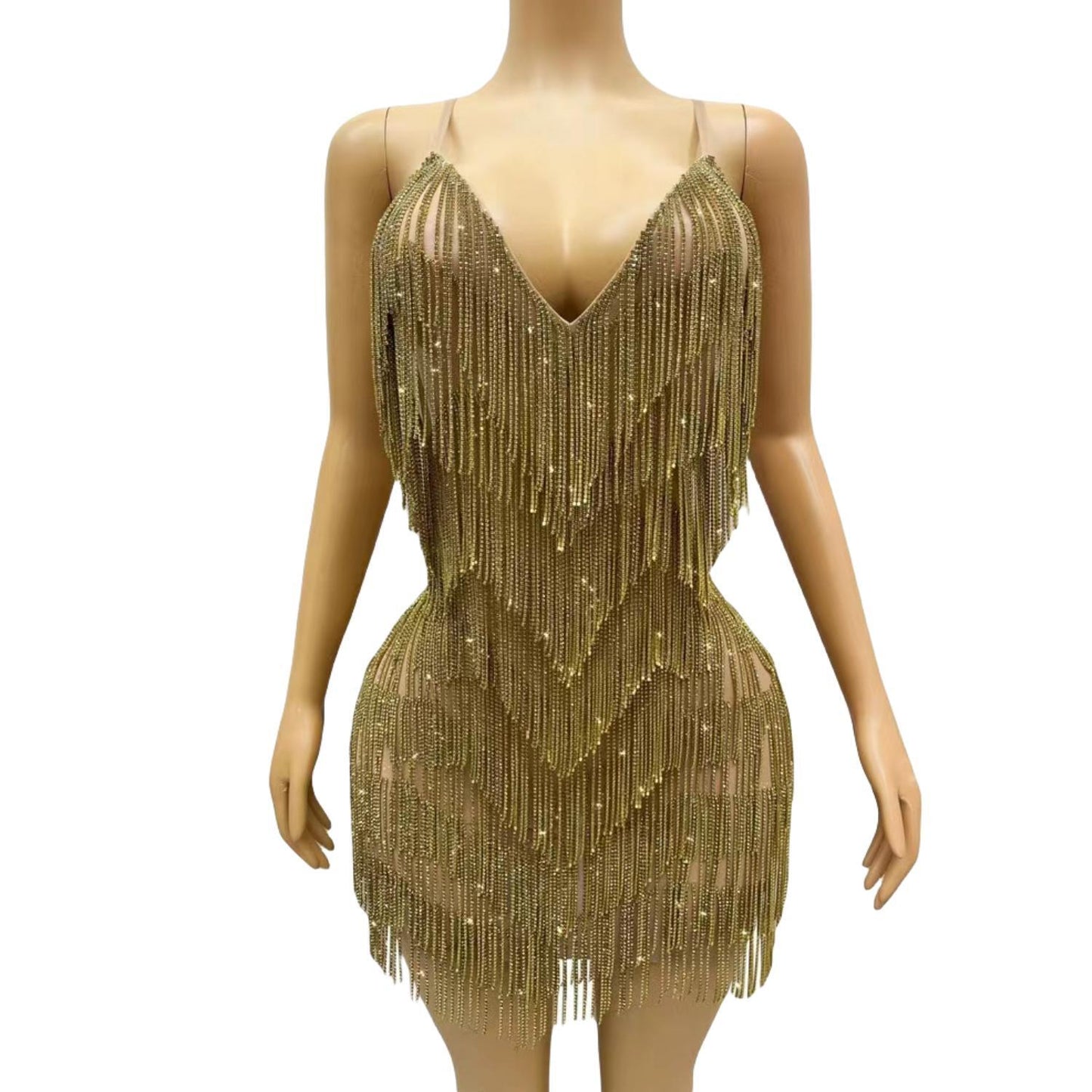 CELESINYI Xiaolian Crystal Gold Fringe Mini Dress