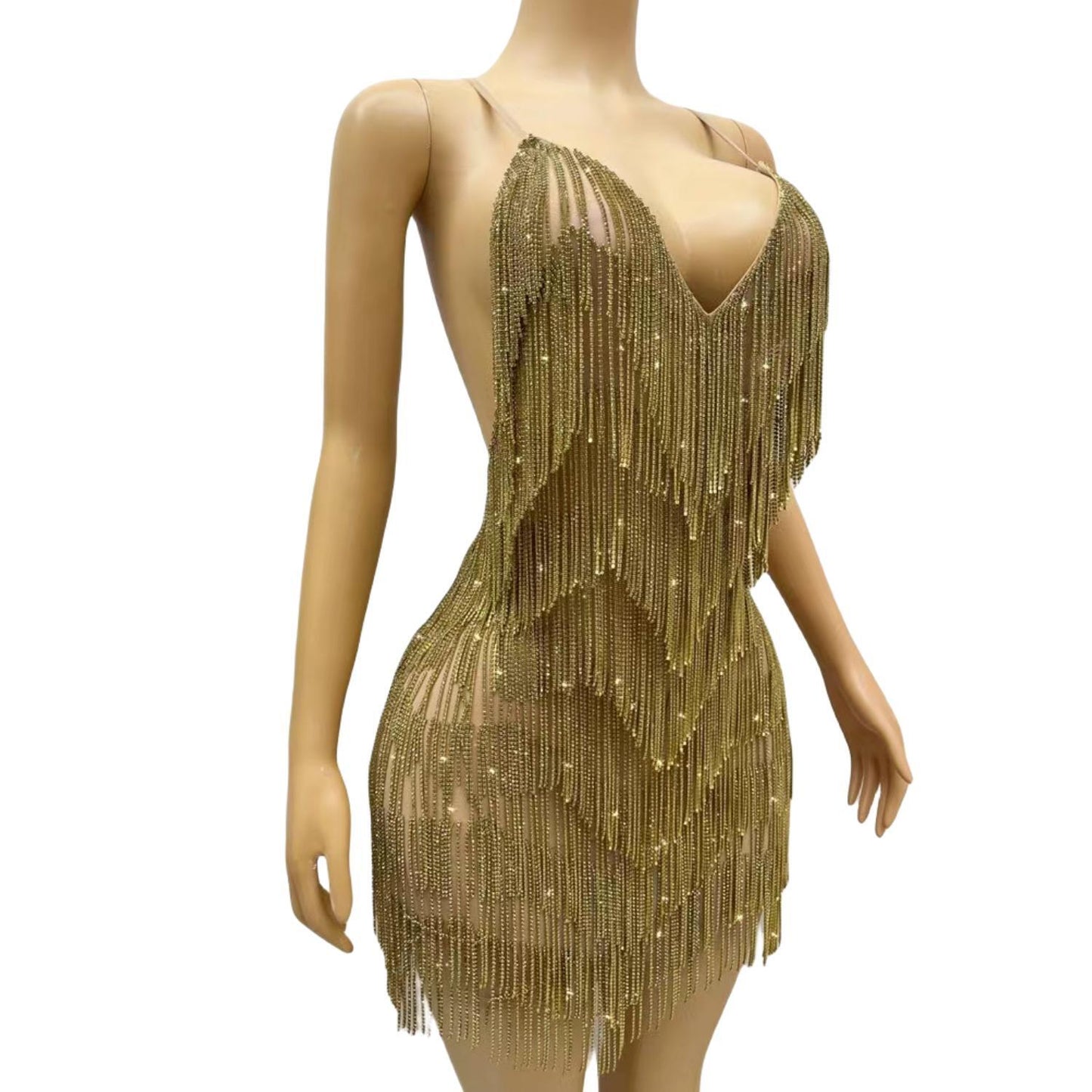 CELESINYI Xiaolian Crystal Gold Fringe Mini Dress