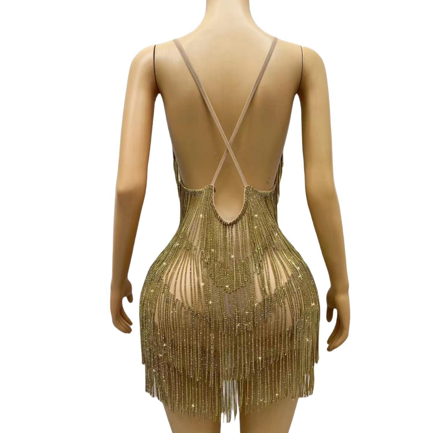 CELESINYI Xiaolian Crystal Gold Fringe Mini Dress