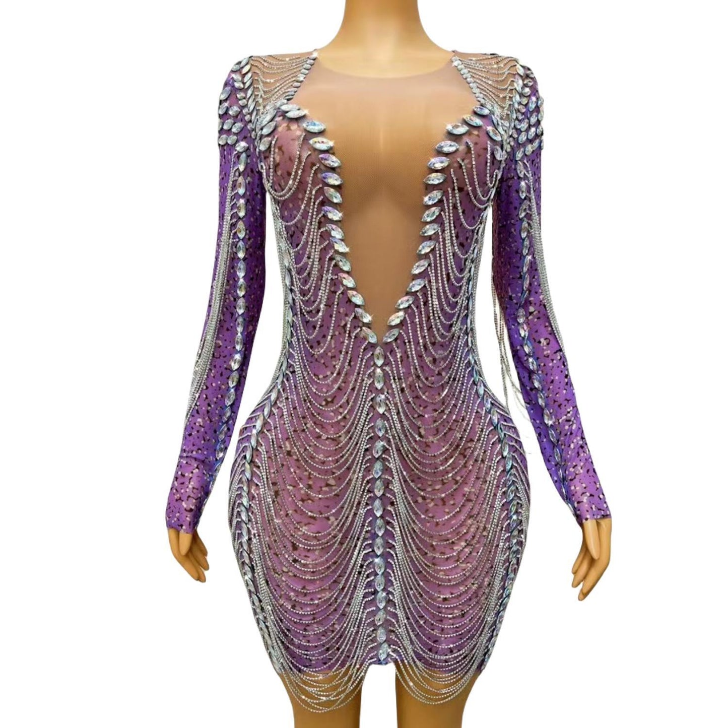 CELESINYI Cailian Crystal Chain Mini Dress