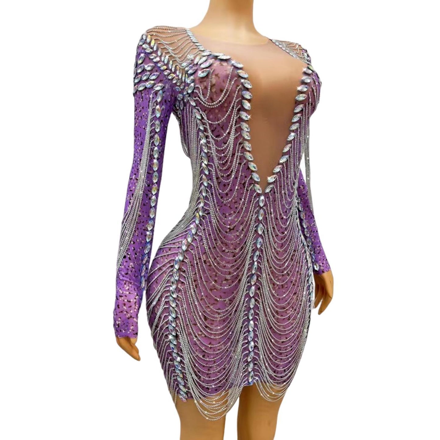 CELESINYI Cailian Crystal Chain Mini Dress