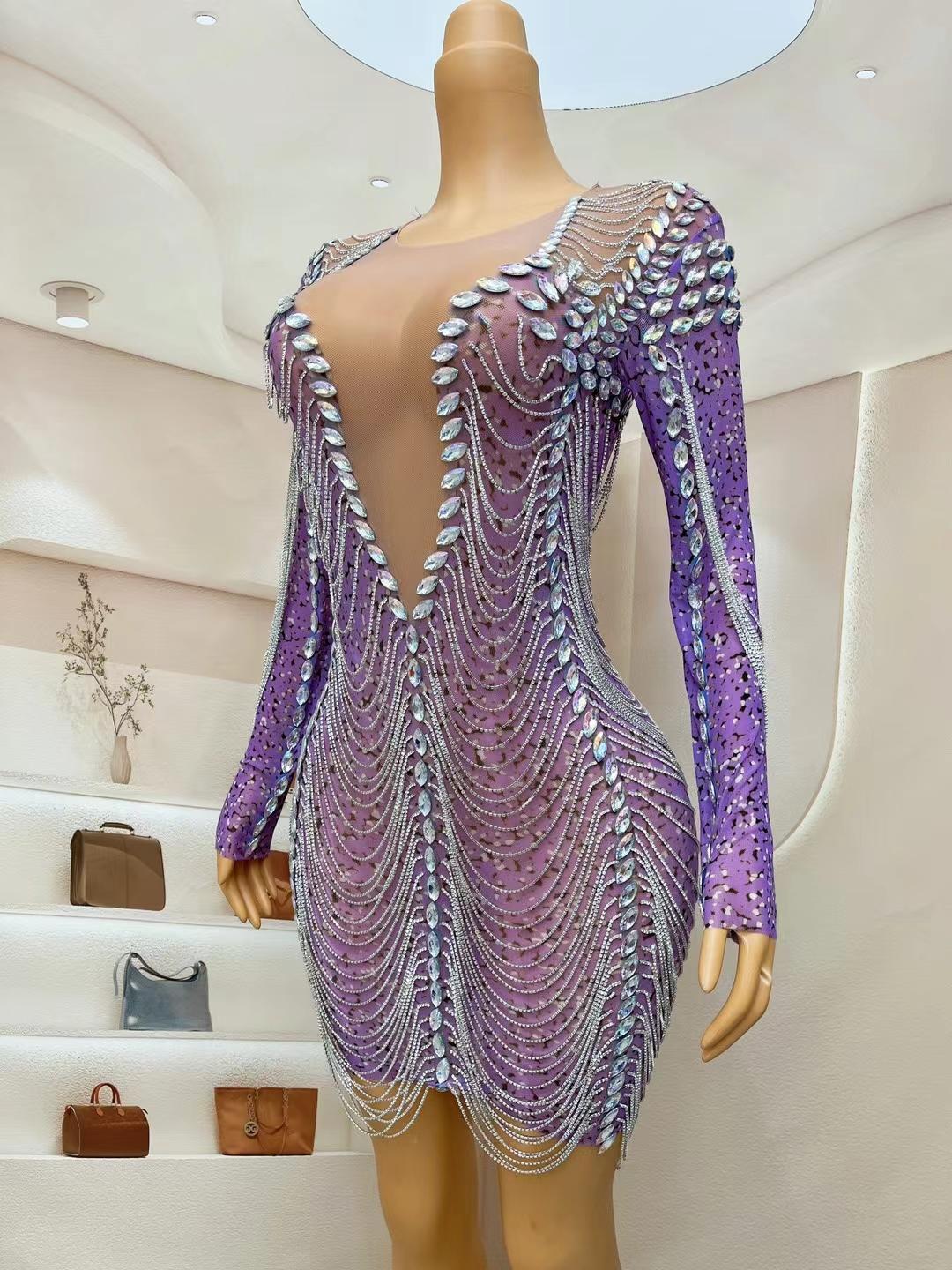 CELESINYI Cailian Crystal Chain Mini Dress