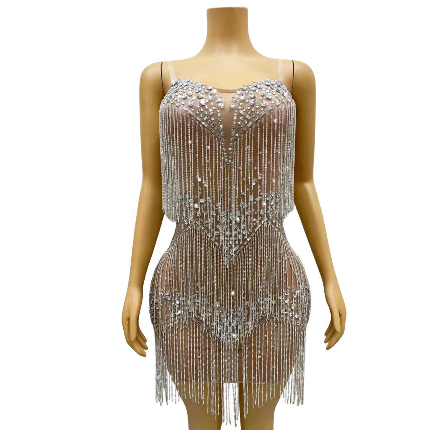CELESINYI Liushuiqun Crystal Fringe Mini Dress