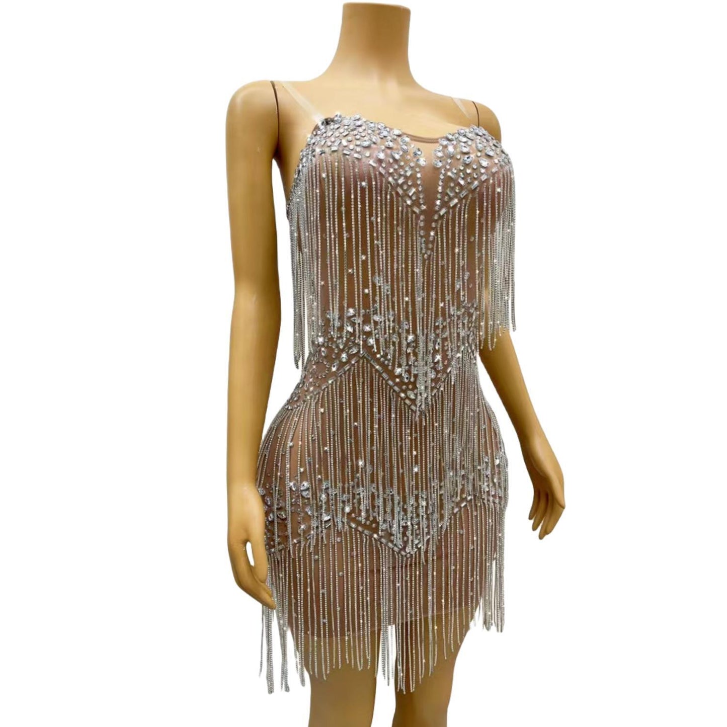 CELESINYI Liushuiqun Crystal Fringe Mini Dress