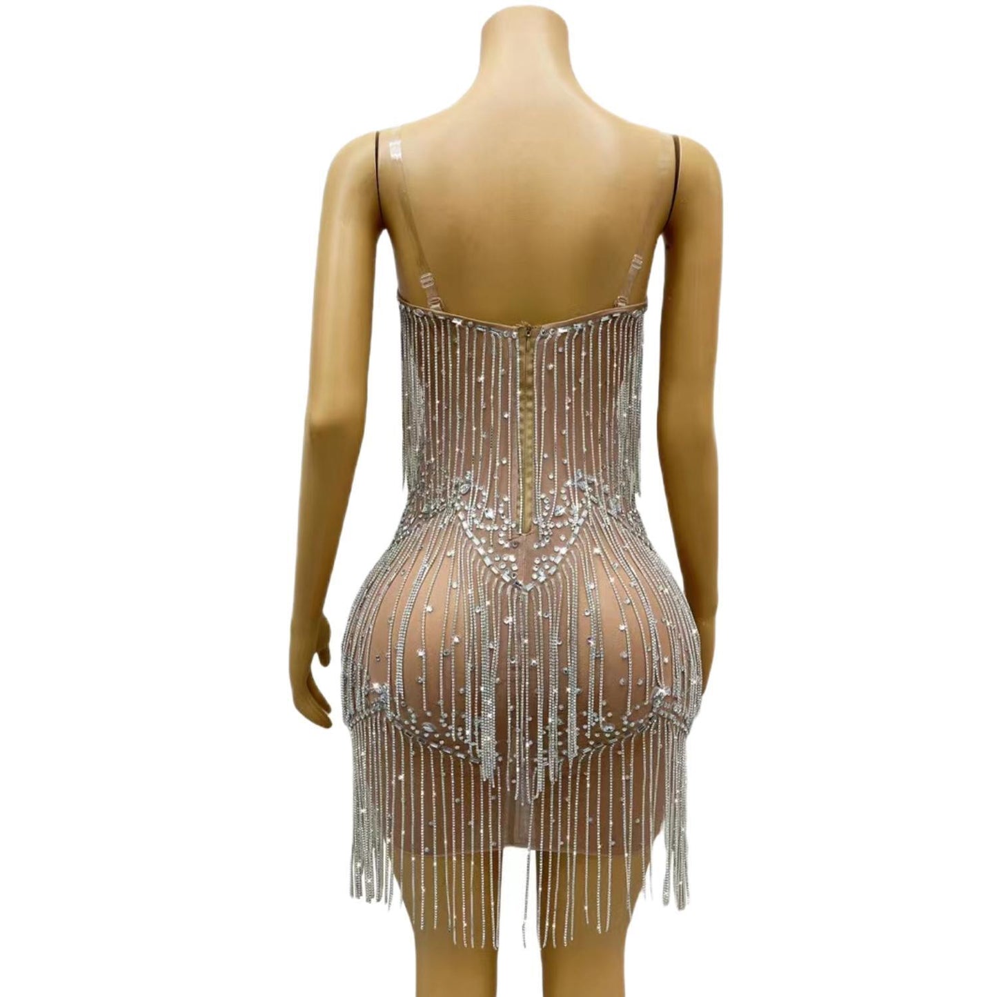 CELESINYI Liushuiqun Crystal Fringe Mini Dress