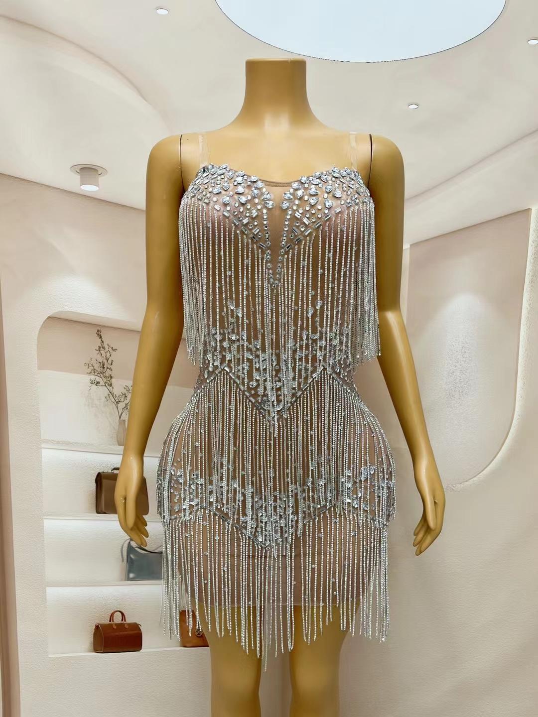 CELESINYI Liushuiqun Crystal Fringe Mini Dress