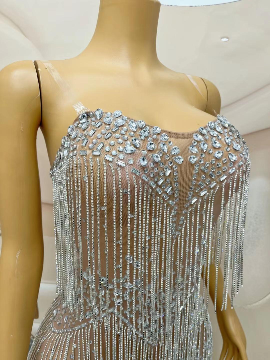 CELESINYI Liushuiqun Crystal Fringe Mini Dress