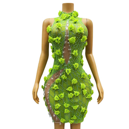 Lvguang Green Crystal Pendant Dress