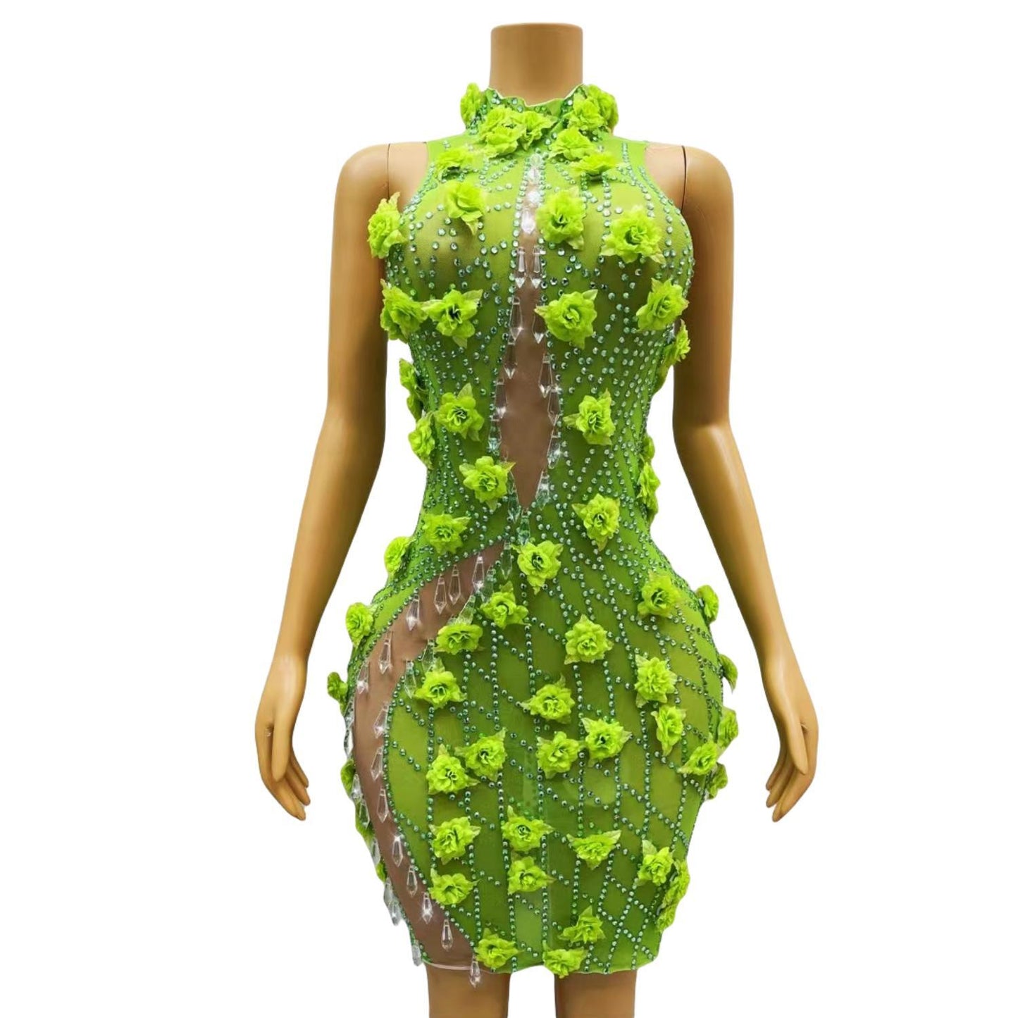 CELESINYI Gesehuaguang Crystal Green Flower Mini Dress