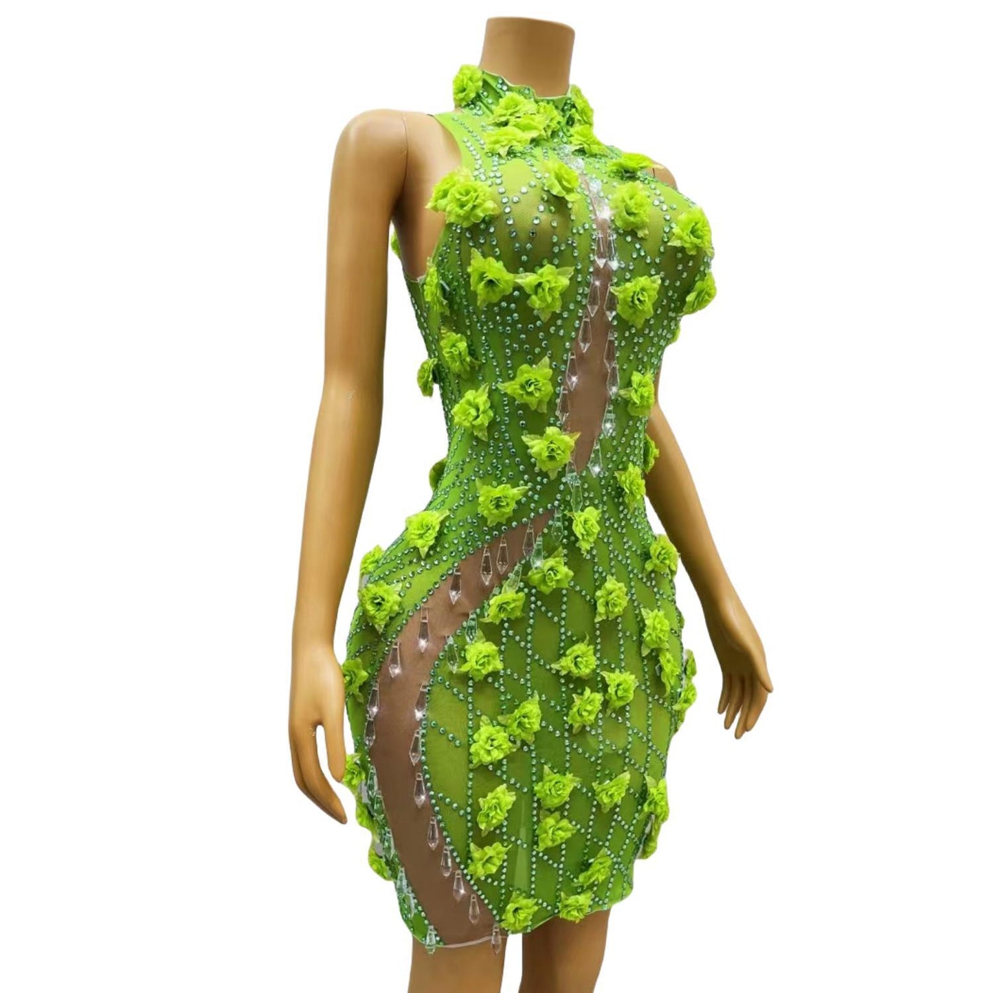 CELESINYI Gesehuaguang Crystal Green Flower Mini Dress