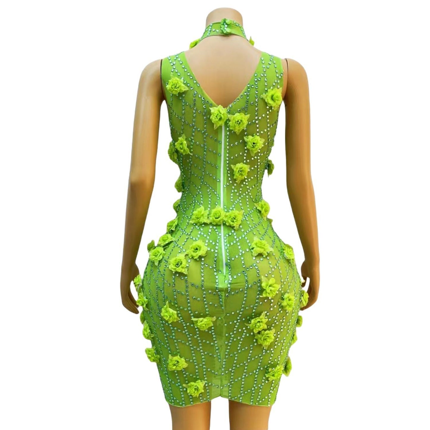 CELESINYI Gesehuaguang Crystal Green Flower Mini Dress
