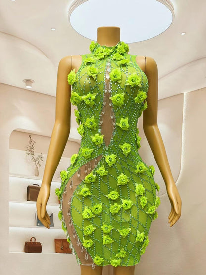 Lvguang Green Crystal Pendant Dress