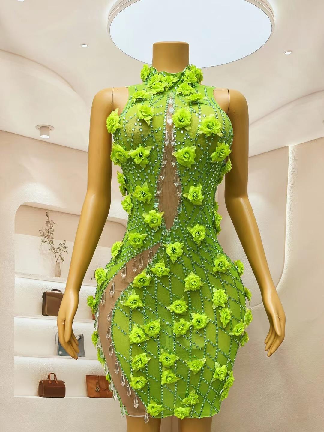 CELESINYI Gesehuaguang Crystal Green Flower Mini Dress