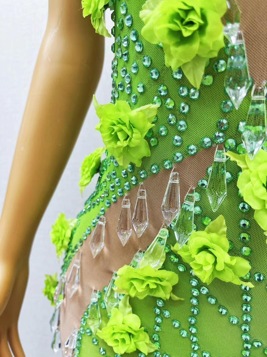 CELESINYI Gesehuaguang Crystal Green Flower Mini Dress