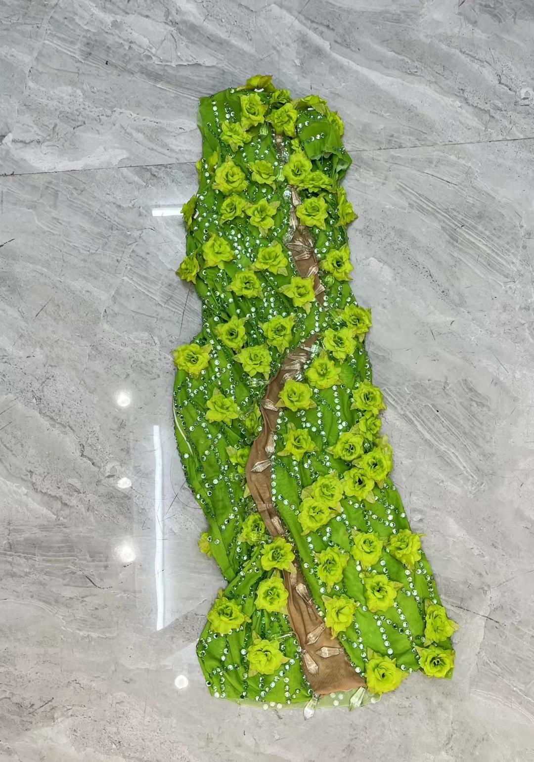 CELESINYI Gesehuaguang Crystal Green Flower Mini Dress