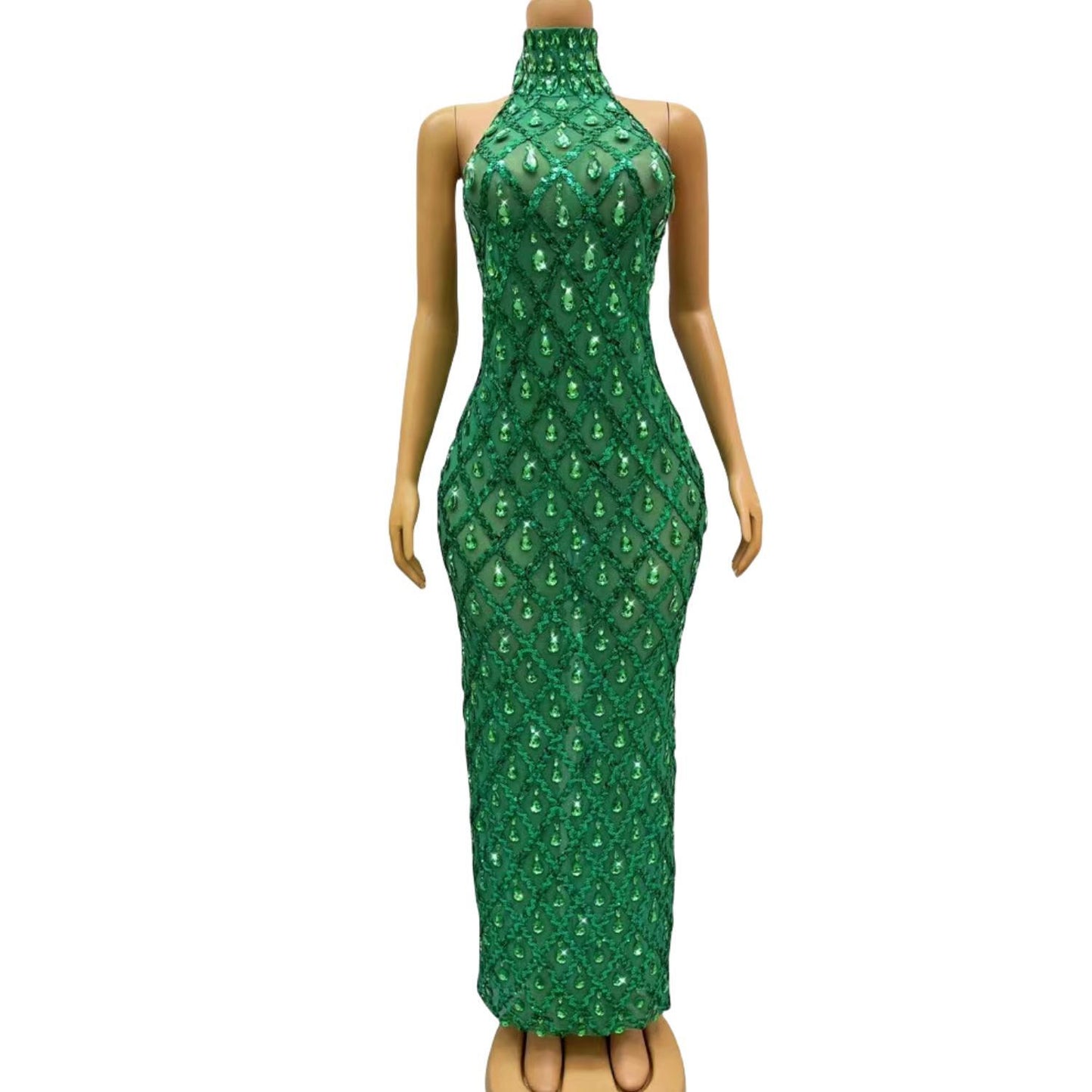 CELESINYI Shaokaojia Crystal Green Sleeveless Gown