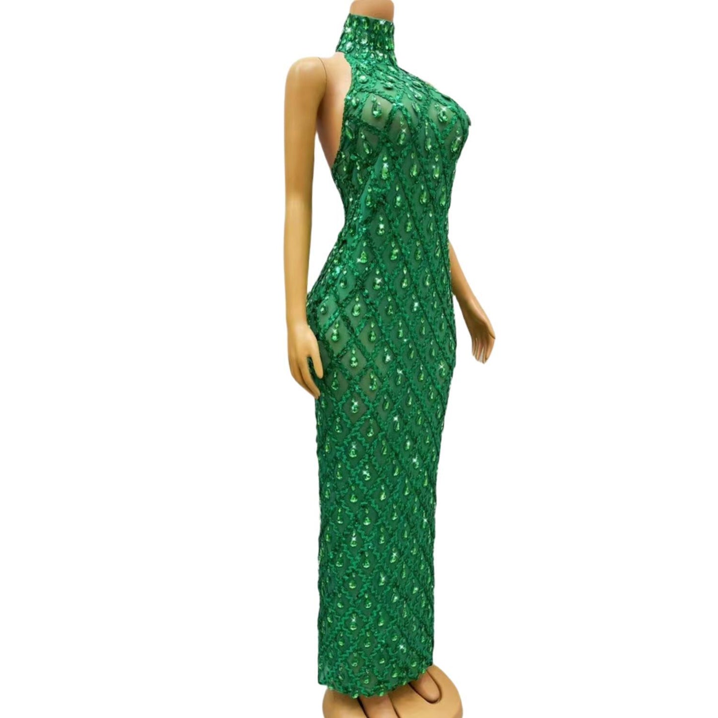 CELESINYI Shaokaojia Crystal Green Sleeveless Gown