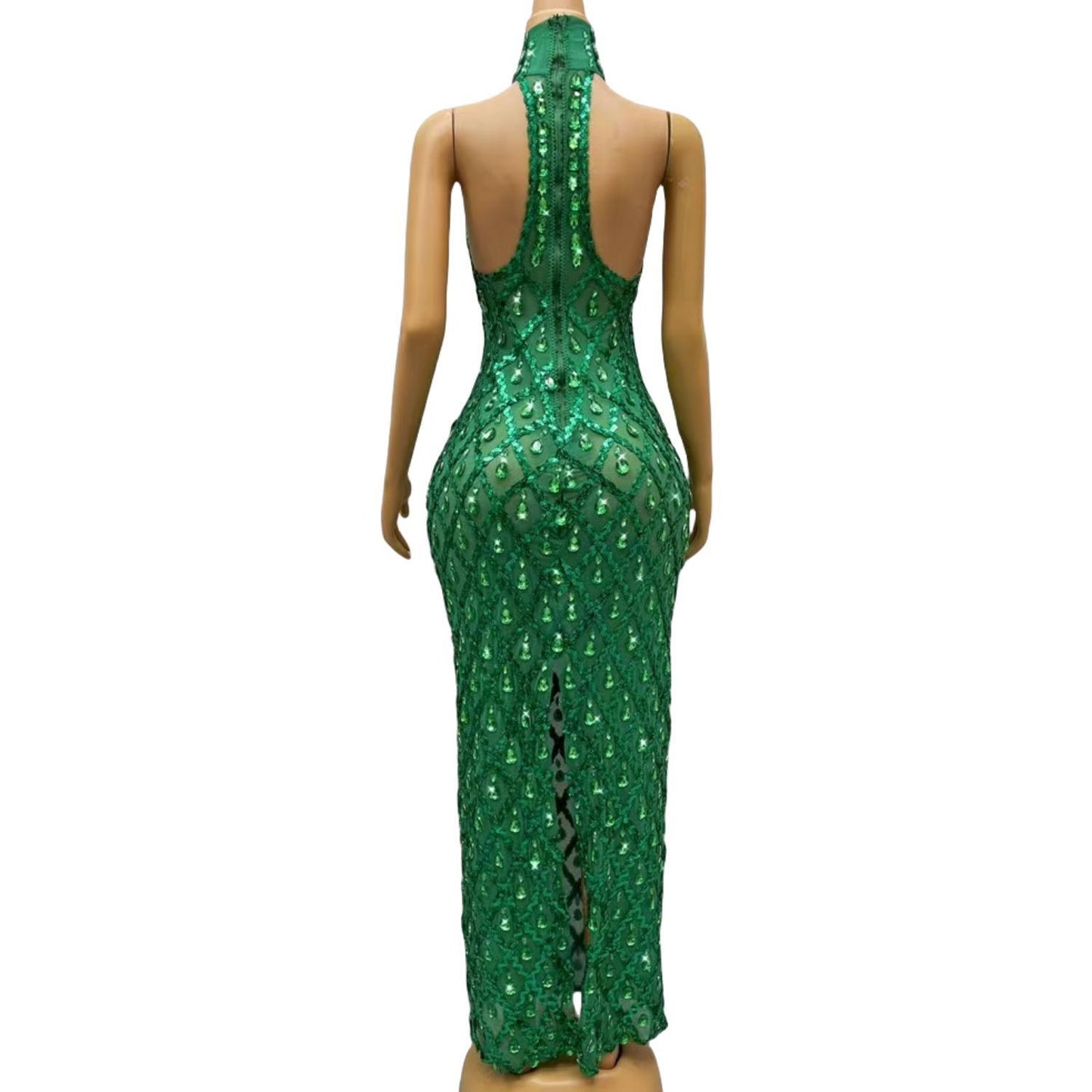 CELESINYI Shaokaojia Crystal Green Sleeveless Gown