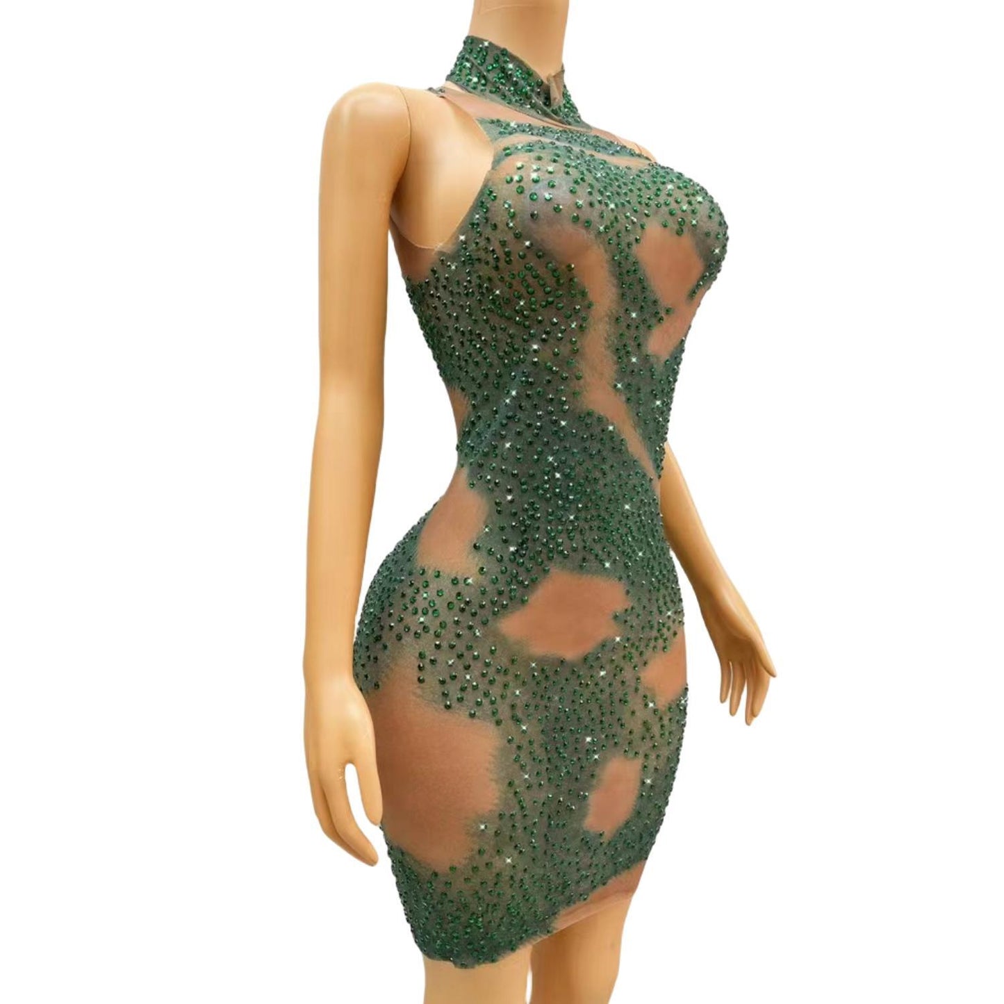 CELESINYI Qingtai Crystal Emerald Mini Dress