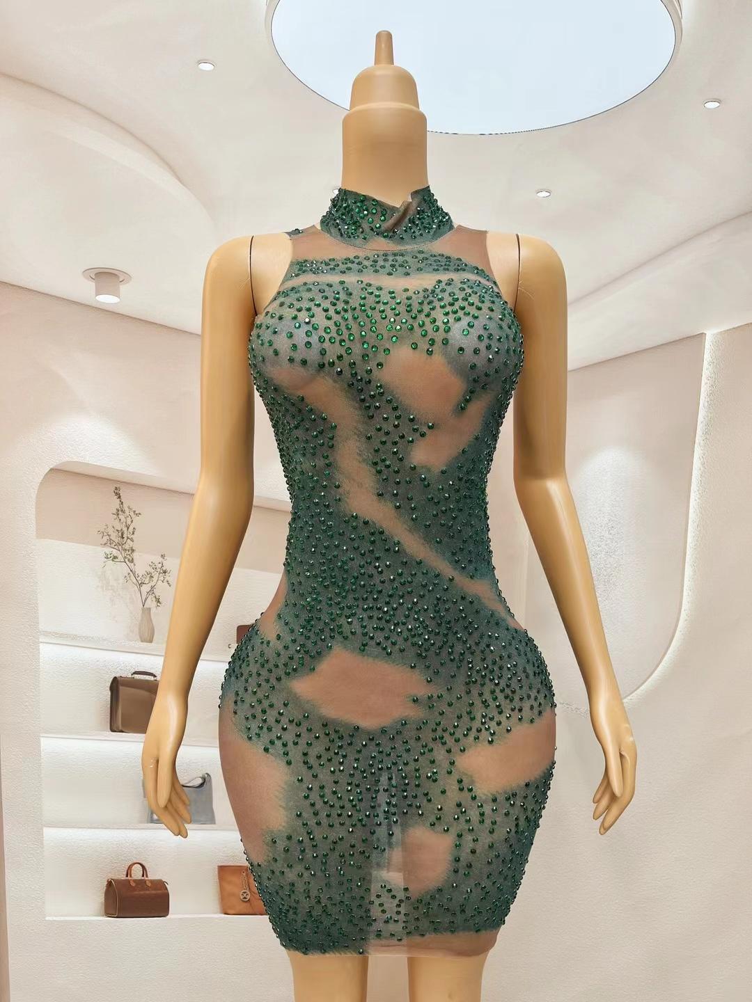 CELESINYI Qingtai Crystal Emerald Mini Dress