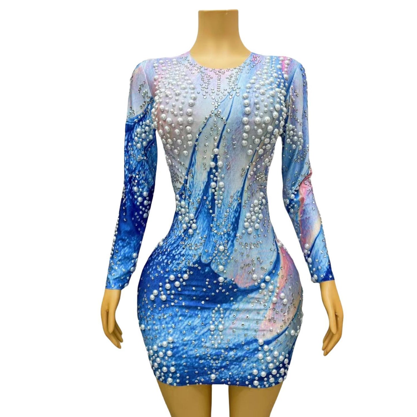 CELESINYI Haiyangzhu Crystal Pearl Mini Dress