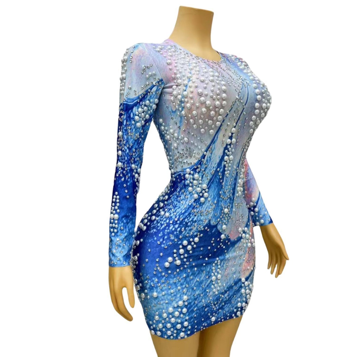 CELESINYI Haiyangzhu Crystal Pearl Mini Dress
