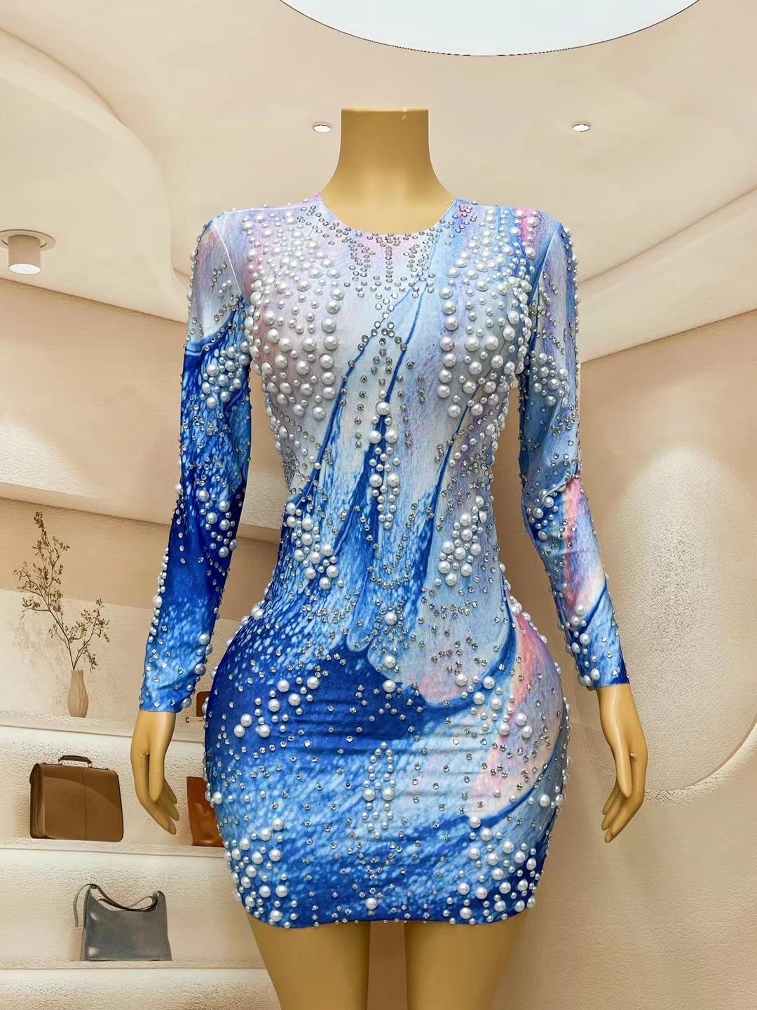 CELESINYI Haiyangzhu Crystal Pearl Mini Dress