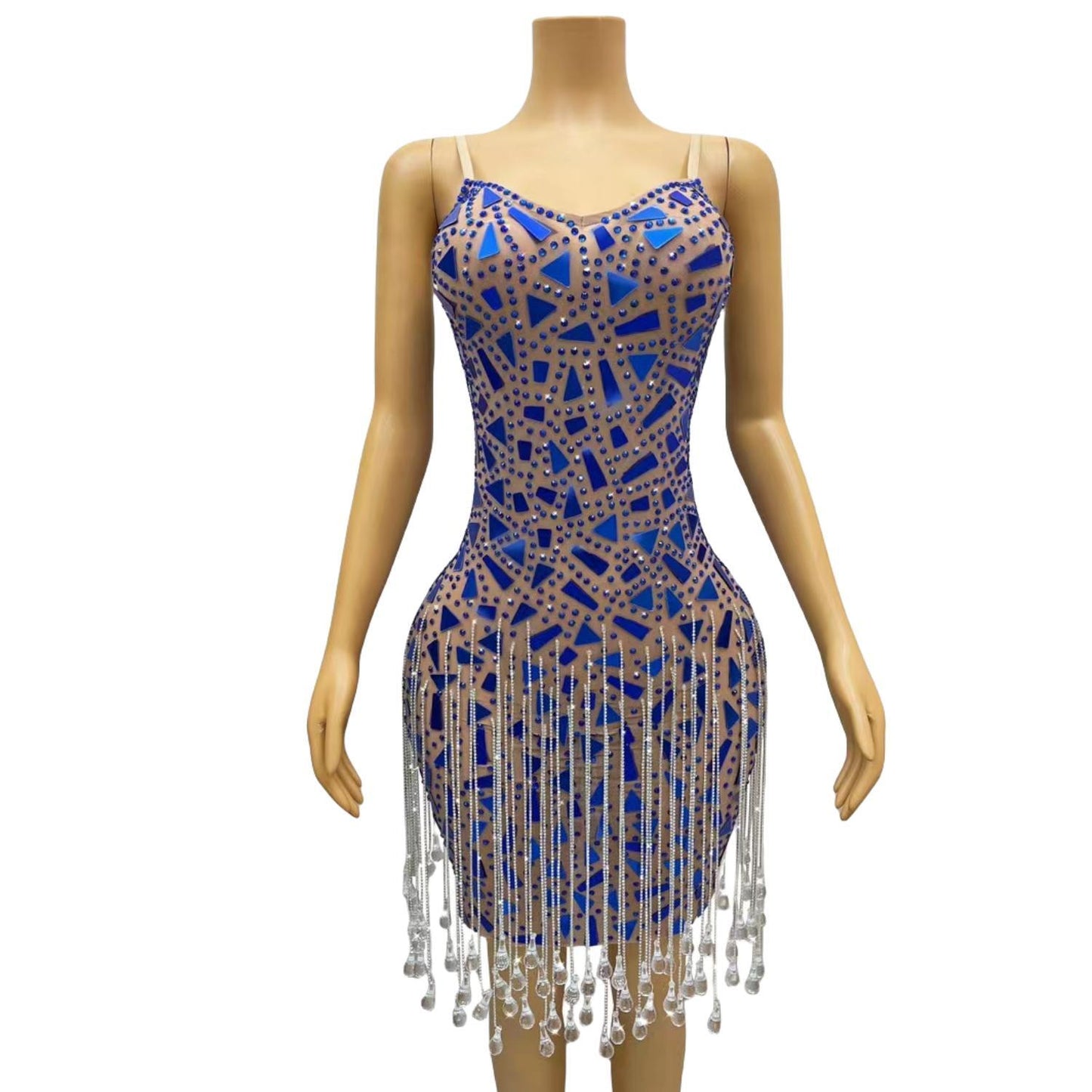 CELESINYI Shuimu Crystal Blue Mirror Mini Dress