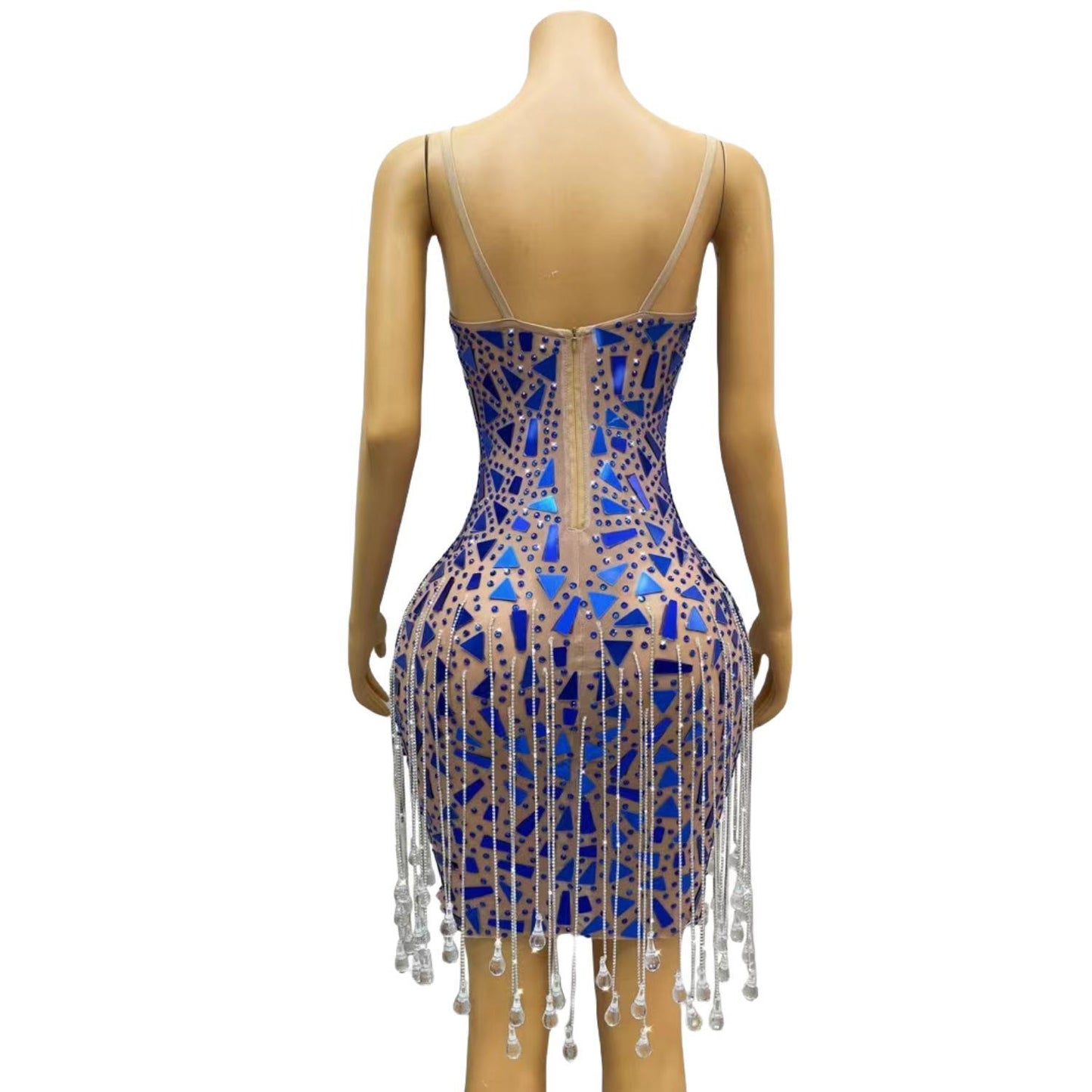 CELESINYI Shuimu Crystal Blue Mirror Mini Dress