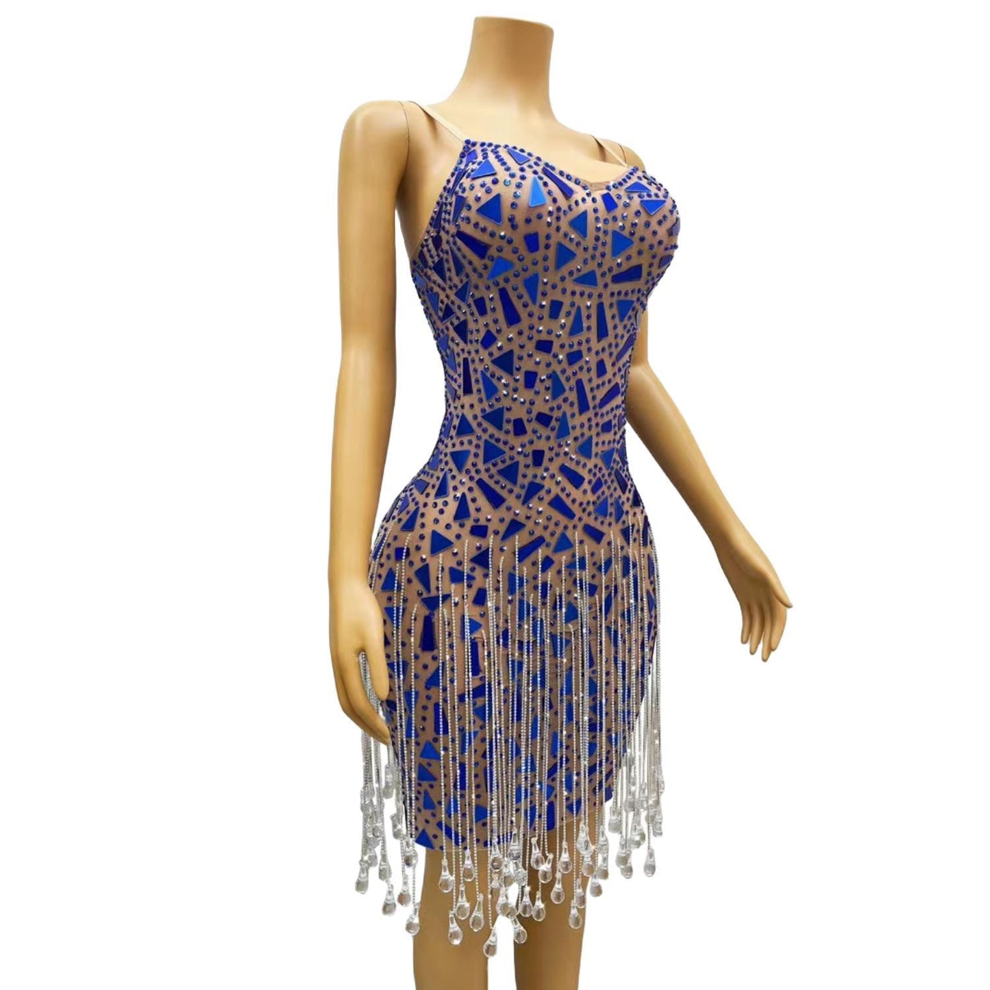 CELESINYI Shuimu Crystal Blue Mirror Mini Dress