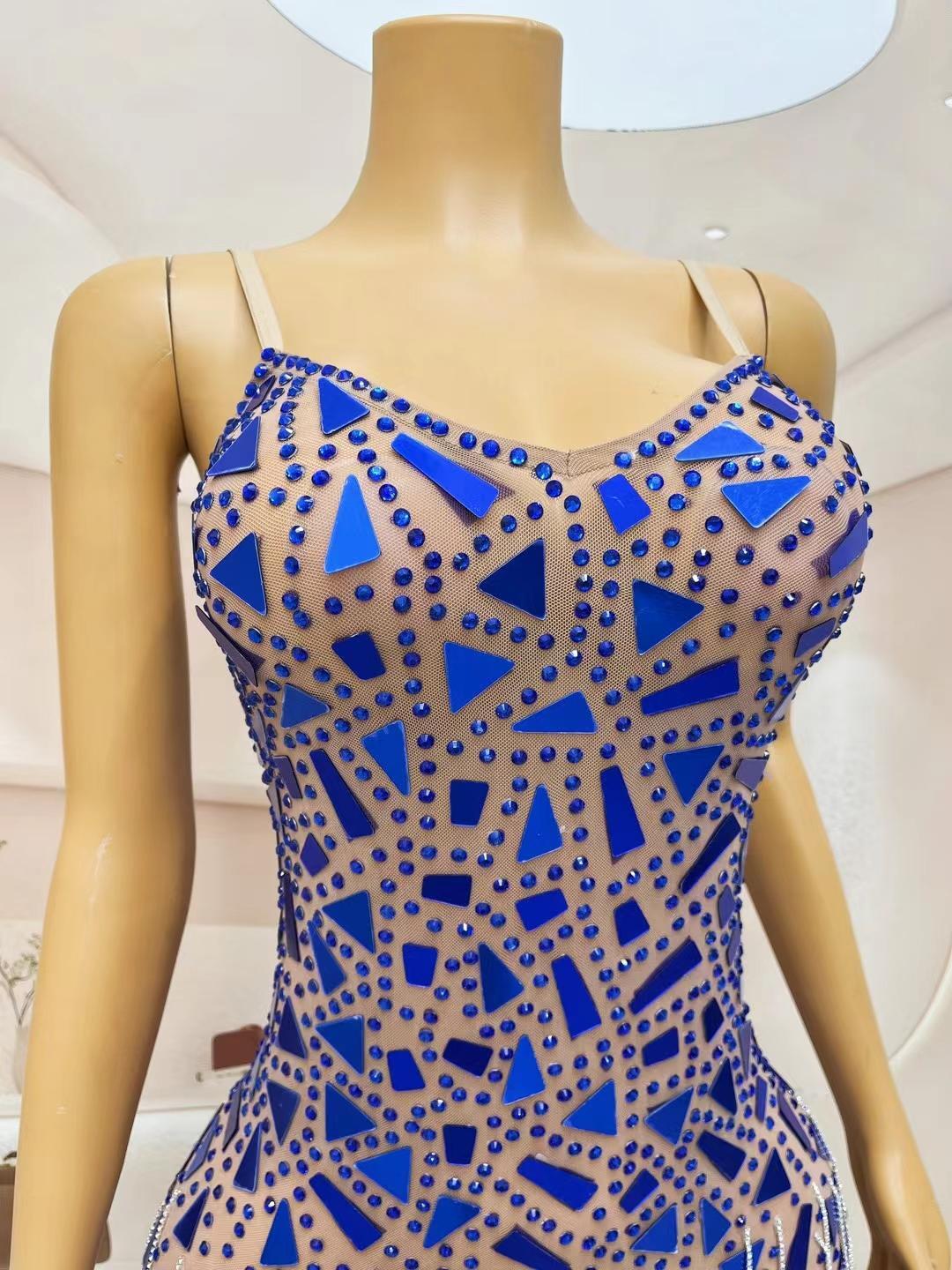 CELESINYI Shuimu Crystal Blue Mirror Mini Dress
