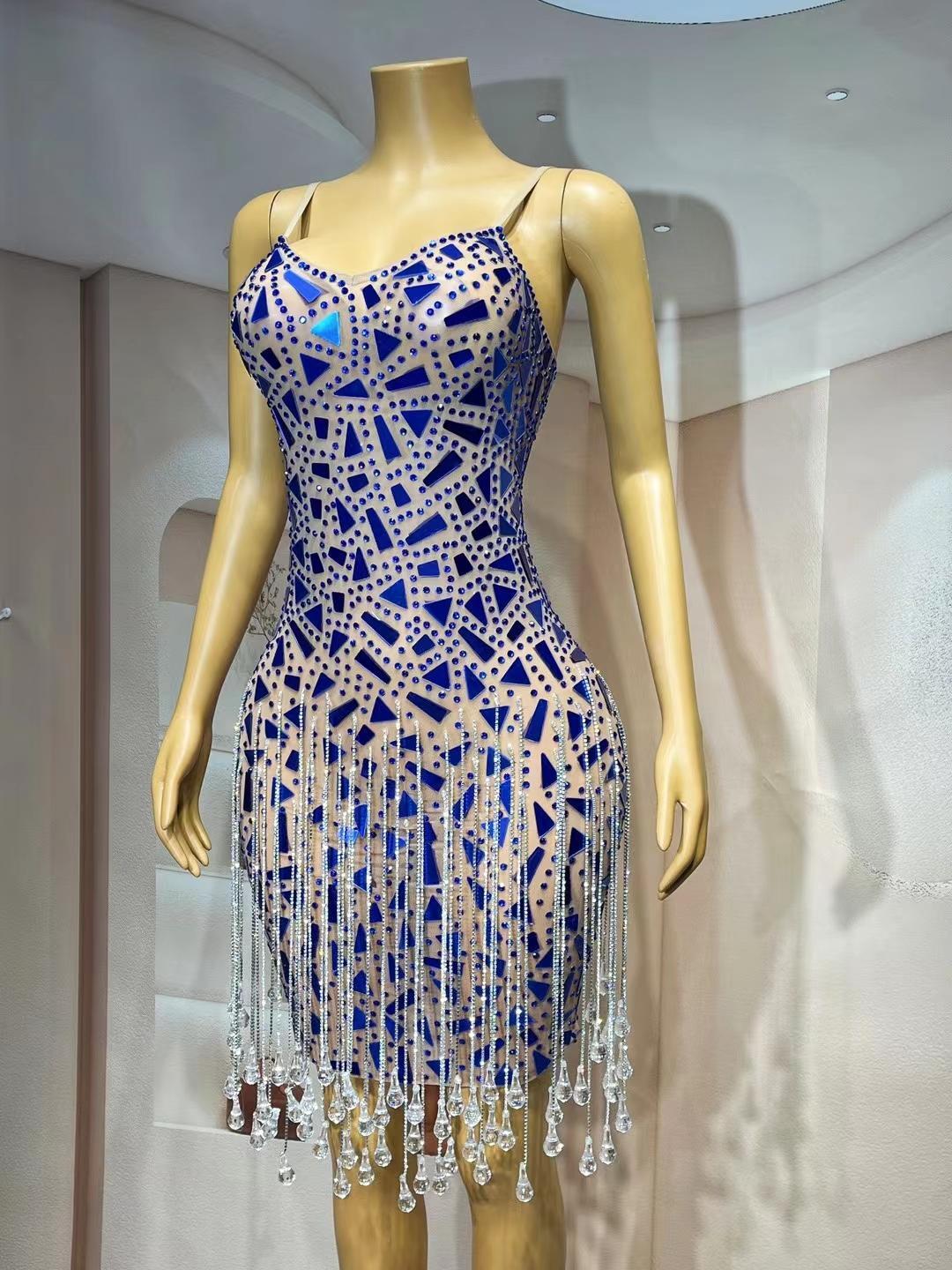 CELESINYI Shuimu Crystal Blue Mirror Mini Dress