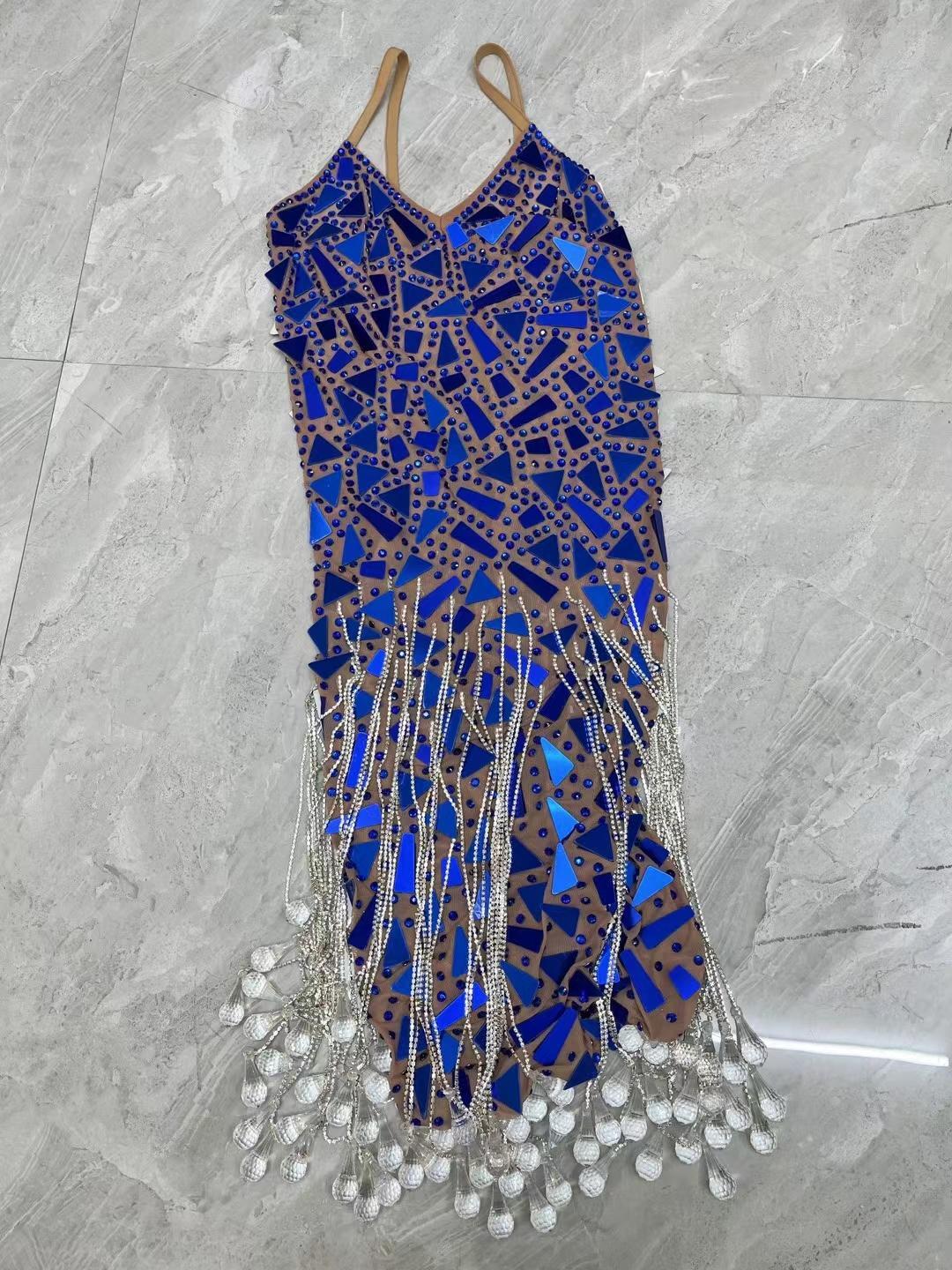 CELESINYI Shuimu Crystal Blue Mirror Mini Dress